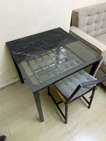 Glass-top Dining Table with Black Marble Accent - Compact 4-seater