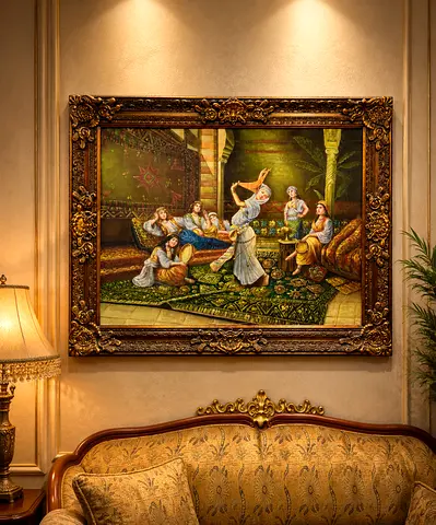 Large Framed Oriental-Style Oil Painting of Royal Court Scene size 150 x120 cm