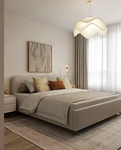 Modern upholstered double bed frame in beige