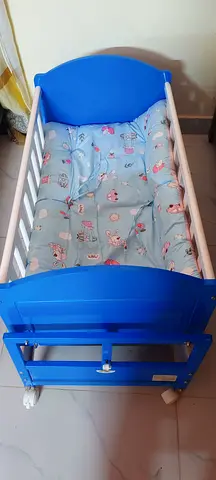Wooden Baby Crib with Mattress - Blue, Good Condition with free gift