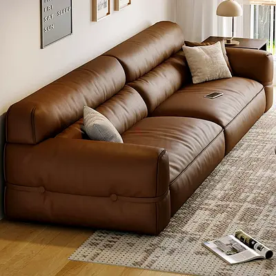 Modern Brown Leather Sofa with Cushions