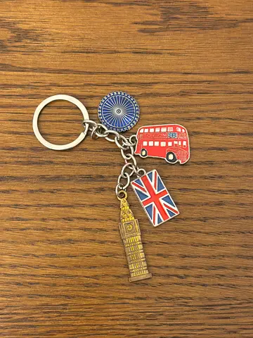 London souvenir keychain with Big Ben, double-decker bus, Union Jack and London Eye charms