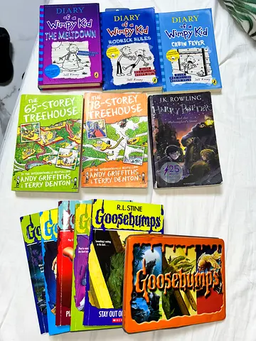 Collection of children's books: Diary of a Wimpy Kid, Story Treehouse, Goosebumps, Harry Potter