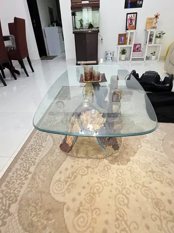 Glass Top Coffee Table with Decorative Wooden Base