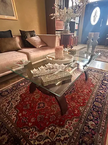 Coffee table, glass and wood, elegant, excellent condition. Length 121cm, width 71, height 46h