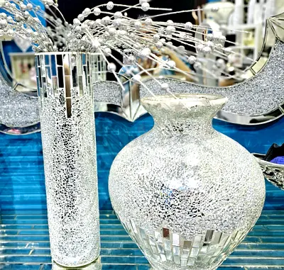 Set of Two Decorative Mirrored Crackle Glass Vases