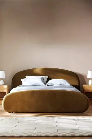 Modern upholstered Queen bed with rounded headboard and footboard