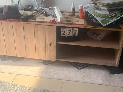 Modern Wooden Entertainment Center with Shelves and Cabinet