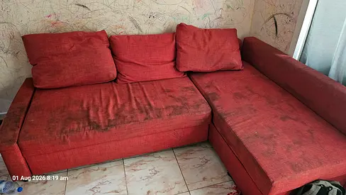 Used Red L-shaped Sofa Couch with storage - Needs Cleaning