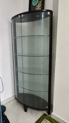 FIXED PRICE. Curved Glass Display Cabinet / Curio Cabinet - Dark Wood, 5 Glass Shelves