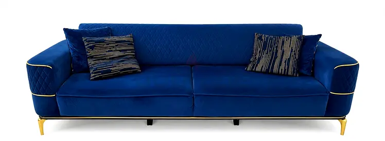 Modern Blue Velvet 4-Seater Sofa with Gold Legs