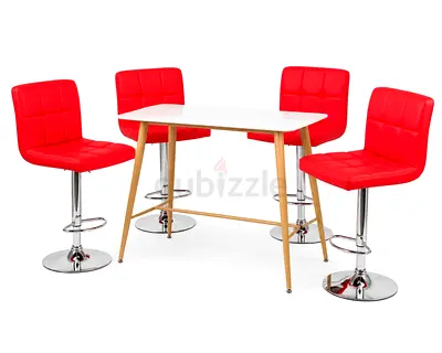 Modern White Bar Table with 4 Red Adjustable Bar Stools