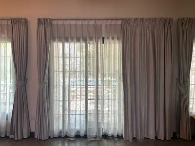 Light grey full-length blackout heat-resistant curtains with sheer liners