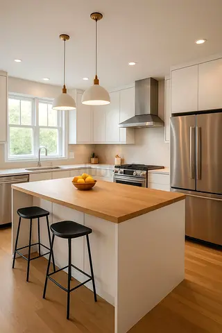 Modern white kitchen with wooden island and stainless steel appliances
