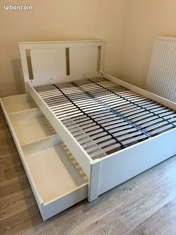 White Double Bed Frame with Storage Drawers and Slats