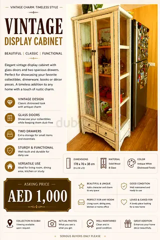 Vintage Wooden Display Cabinet with Glass Doors and Drawers