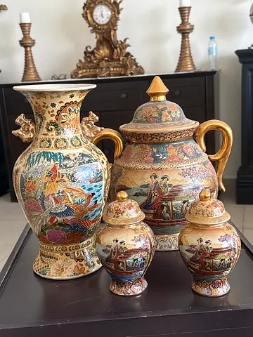 Decorative Vintage Ceramic Vase and Covered Urns - Asian Style Set