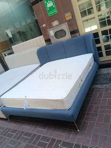Used Fabric Double Bed Frame with Mattress - Modern Blue
