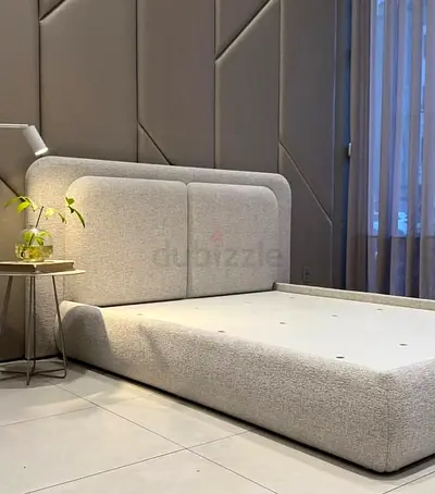 Modern Upholstered Platform Bed with Padded Headboard - Light Beige