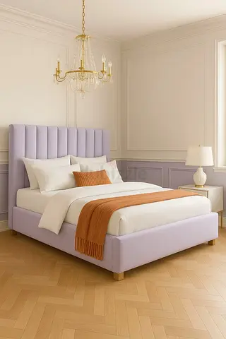 Upholstered Double Bed with Padded Headboard - Light Lilac