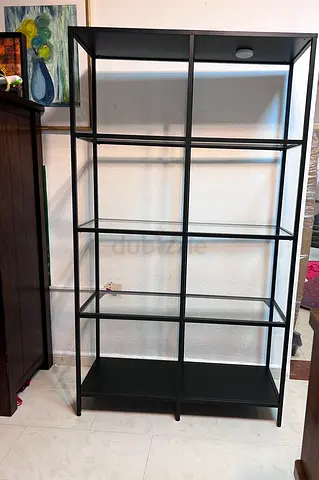 Modern Black Metal Display Shelf with Glass Inlays