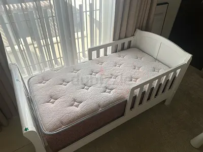 White Wooden Toddler Bed with Mattress - Good Condition. 70x140