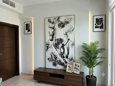 Large handmade Abstract Black & White Horse Painting on Canvas with wooden panels (220 x 120 cm)