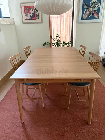 Oak wooden dining table and chairs