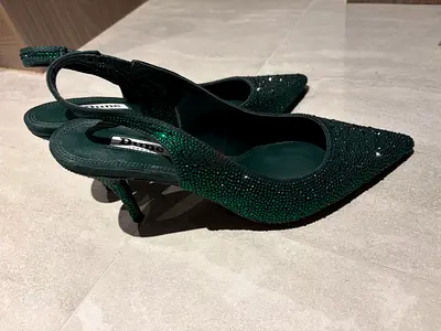 Dark Green Crystal Embellished Slingback Heels, Size EU 40