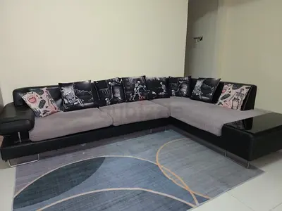 L-shaped Black & Grey Sofa with Built-in Side Table (Price Negotiable)