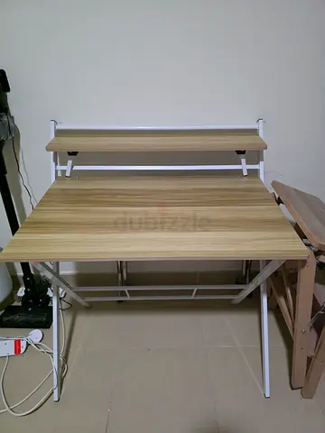 Compact wooden study desk with elevated shelf - excellent condition. Foldable, no assembly
