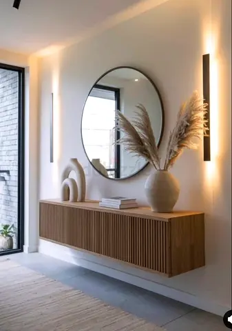 Modern Floating Console Table with Slatted Wood Design