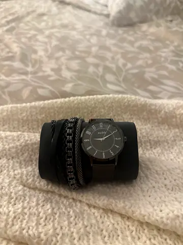 Men's black alloy watch with matching leather and chain bracelets - preowned