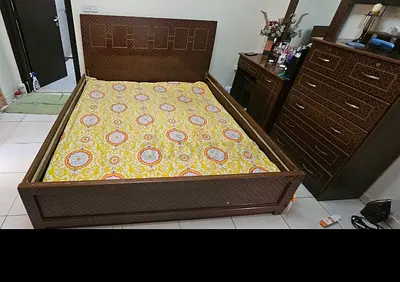 Wooden Queen Bed Frame with Matching Dresser and Nightstand - Good Condition 2 side table