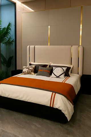 Modern upholstered queen bed with padded headboard - cream & black