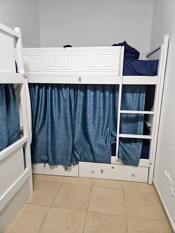 White Wooden Bunk Bed with Storage Drawers and Curtains - Good Condition