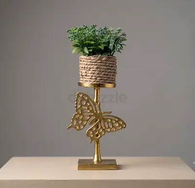 Gold Butterfly Plant Pot Stand with Woven Basket (40cm)
