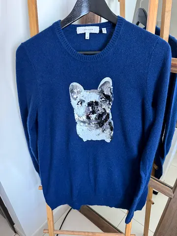 CASHMERE Navy knit sweater with sequin dog motif, size M