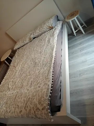 IKEA-White double Bed frame with headboard,Mattress,Fitted Bed sheet,Comforter,Pillows&2Storage boxs