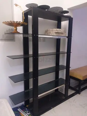 Black Wooden Display Shelf Unit with Glass Shelves - Good Condition