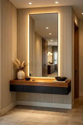 Modern Floating Console Table with Large Backlit Mirror