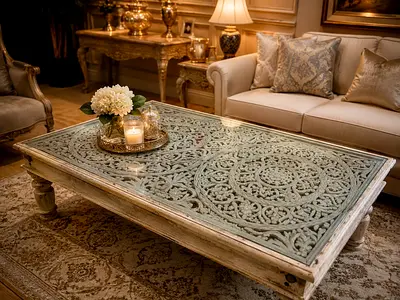 Marina Carved Wooden Coffee Table with Glass Top - Vintage Style size 154 cm x85 cm hight 47 cm