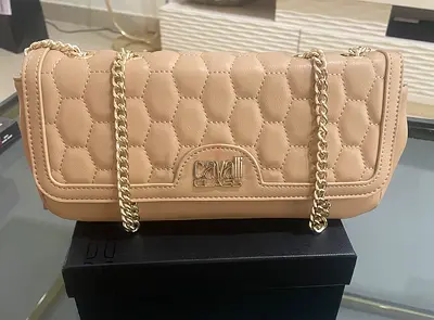 Cavalli Class Quilted Beige Handbag with Gold Chain Straps