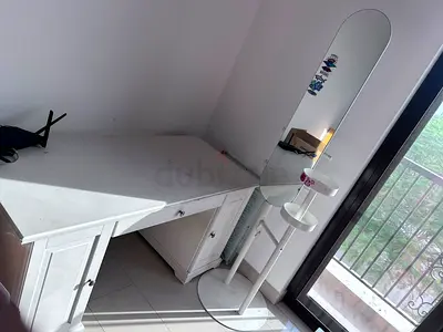 White Corner Desk with Attached Mirror Shelf - Good Condition