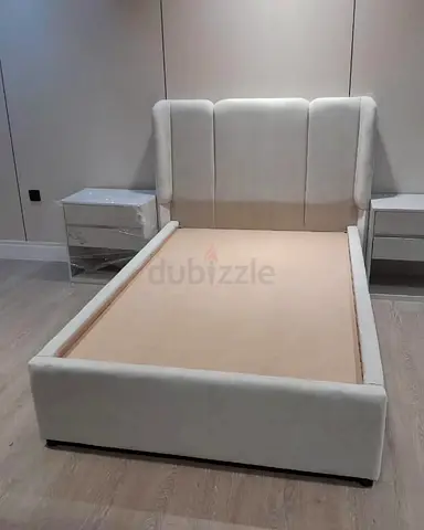 Upholstered Twin Bed Frame with Wingback Headboard - Light Beige