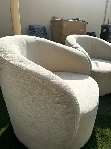 Pair of light beige upholstered lounge couch- great for living area, balcony, or garden area
