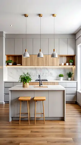 Modern neutral kitchen island with pendant customized