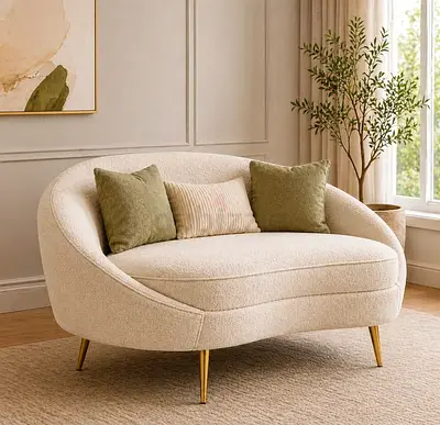 Curved Two-Seater Boucle Sofa with Gold Legs