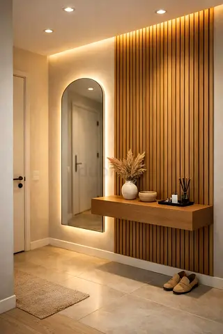 Modern Hallway Mirror and Floating Wood Console Set