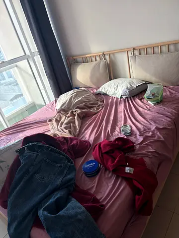 Queen wooden bed frame with mattress - used